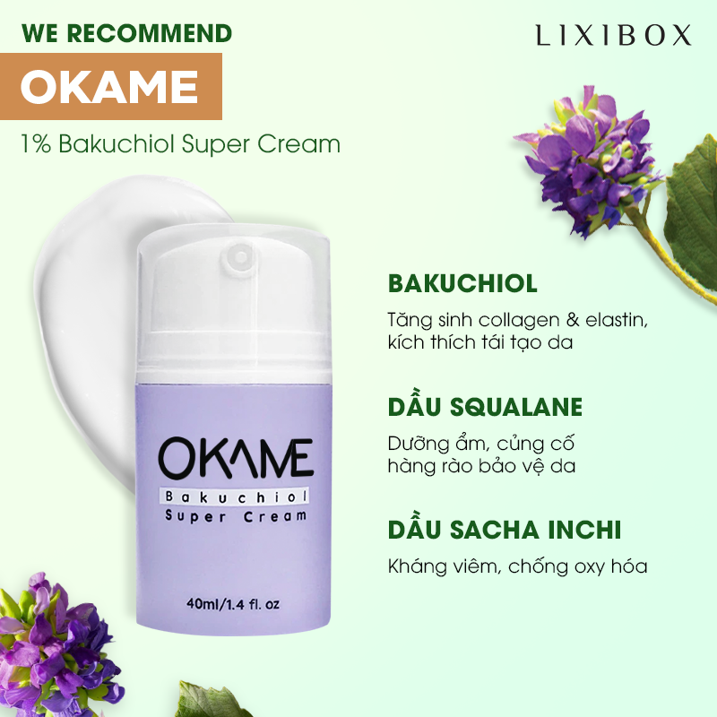 Sản phẩm kem siêu Bakuchiol 1% từ OKAME, hỗ trợ tăng sinh collagen và elastin, dưỡng ẩm với tinh dầu Squalane và dầu Sacha Inchi, cung cấp hiệu quả tương đương retinol nhưng an toàn cho làn da nhạy cảm.
