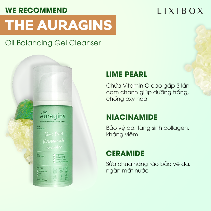 Khám phá The Auragins với thành phần Lime Pearl, Niacinamide và Ceramide, giúp làm sáng, chống oxy hóa và bảo vệ da, an toàn cho làn da nhạy cảm ngoài việc cải thiện tình trạng da hiệu quả như Retinol hay Hydroquinone.