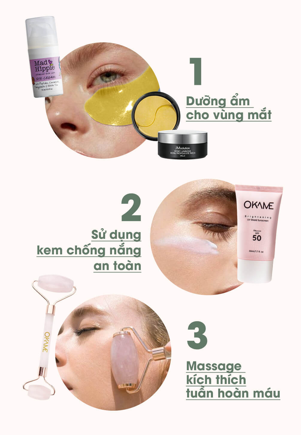 Bài viết hướng dẫn cách chăm sóc vùng mắt với 3 bước: dưỡng ẩm, sử dụng kem chống nắng an toàn và massage để kích thích tuần hoàn máu. Bí quyết dưỡng da giúp xóa nếp nhăn và trị thâm quầng mắt hiệu quả.