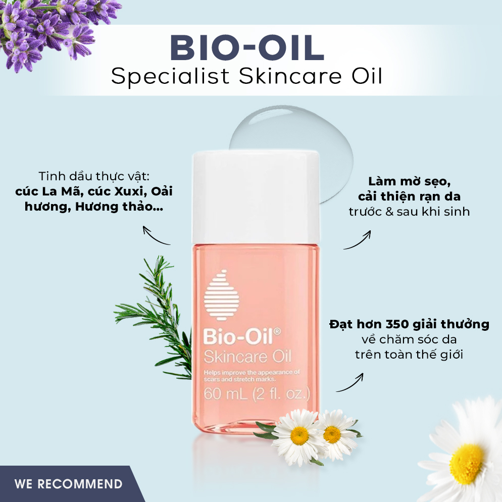 Bio-Oil: dầu chăm sóc da chuyên biệt giúp cải thiện vết sẹo, rạn da trong và sau thai kỳ. Thành phần chiết xuất tự nhiên từ cúc La Mã, cúc Xuxi, Oải hương và Hương thảo an toàn cho mẹ bầu. Tìm hiểu cách trị mụn, nám da, và rạn da khi mang thai phù hợp và lành tính cho mẹ và bé.