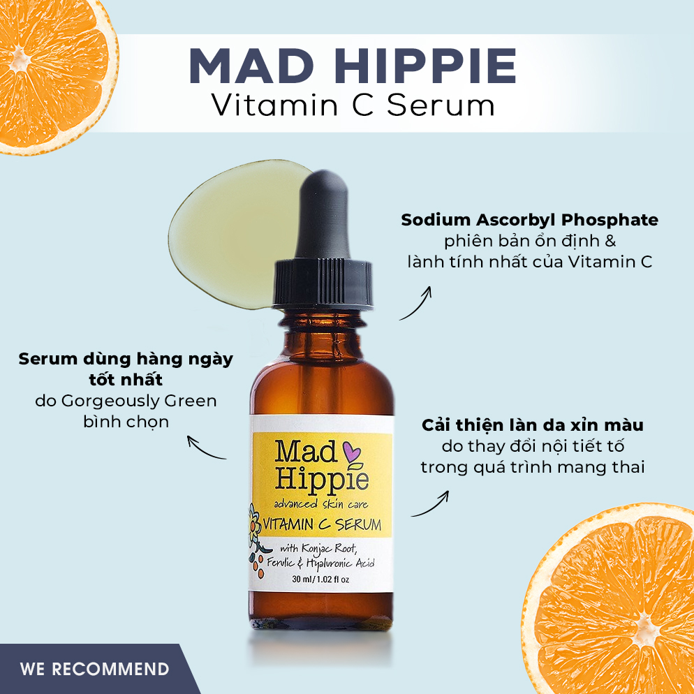 Serum Vitamin C Mad Hippie giúp cải thiện làn da cho mẹ bầu, hỗ trợ trị mụn, rạn da, nám da hiệu quả, an toàn. Phù hợp với quá trình thay đổi nội tiết tố khi mang thai.
