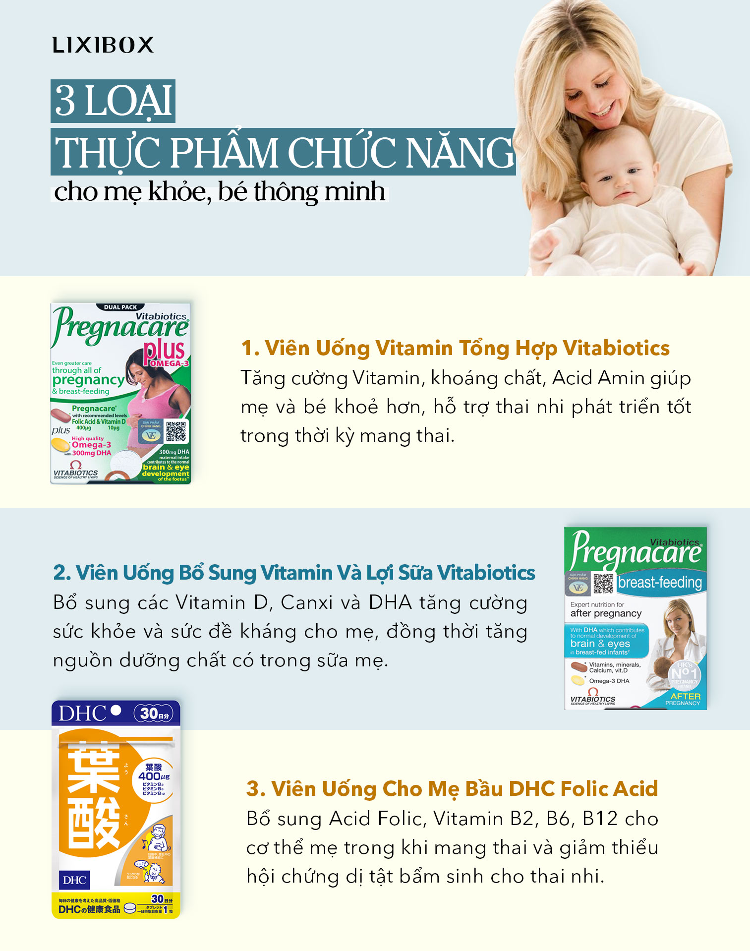3 loại thực phẩm chức năng hỗ trợ dinh dưỡng cho mẹ và bé, giúp mẹ khỏe mạnh và bé phát triển tốt, bao gồm Vitamin Tổng Hợp, Vitamin D và Acid Folic, phù hợp cho giai đoạn mang thai và cho con bú.
