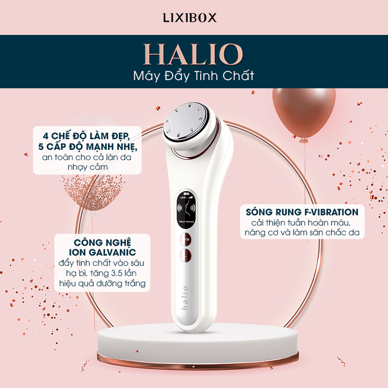 Máy đẩy tinh chất Halio với 4 chế độ làm đẹp, 5 cấp độ mạnh nhẹ. Công nghệ ion galvanc tăng hiệu quả dưỡng trắng đến 3.5 lần, sóng rung F-vibration cải thiện tuần hoàn máu, nâng cơ và làm săn chắc da. Lixibox Holy Grail Awards 2021.