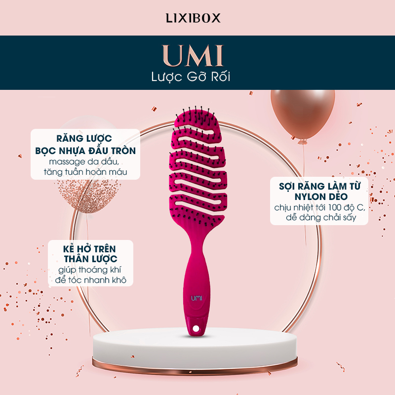Lixibox Holy Grail Awards 2021 giới thiệu chiếc lược gỡ rối UMI với thiết kế độc đáo giúp massage da đầu, tích hợp răng lược bọc nhựa và chất liệu nylon chịu nhiệt, lý tưởng để sử dụng cho tóc khô và dễ dàng xử lý.