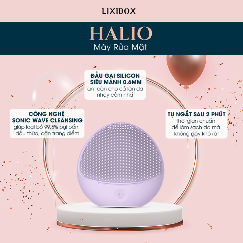 Mặt trước thiết bị Halio Máy Rửa Mặt với đầu gai silicon siêu mạnh 0.6mm an toàn cho làn da nhạy cảm, công nghệ Sonic Wave Cleansing giúp loại bỏ 99.5% bụi bẩn, và tính năng tự ngắt sau 2 phút, giới thiệu trong bài viết Lixibox Holy Grail Awards 2021 về dụng cụ làm đẹp tốt nhất.