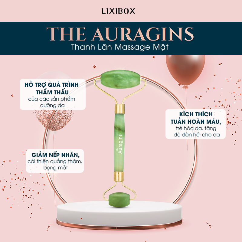 Lixibox Holy Grail Awards 2021 giới thiệu Thanh Lăn Massage Mặt The Auragins, thiết bị làm đẹp hỗ trợ thẩm thấu sản phẩm, giảm nếp nhăn, và kích thích tuần hoàn máu, giúp nâng cao hiệu quả chăm sóc da.