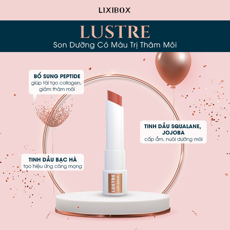 Lustre son dưỡng có màu trị thâm môi nổi bật trong Lixibox Holy Grail Awards 2021. Sản phẩm bổ sung peptide tái tạo collagen, giảm thâm môi, với tinh dầu squalane, jojoba cấp ẩm và nuôi dưỡng. Nhận nhiều quà khi bình chọn cho sản phẩm trang điểm yêu thích.
