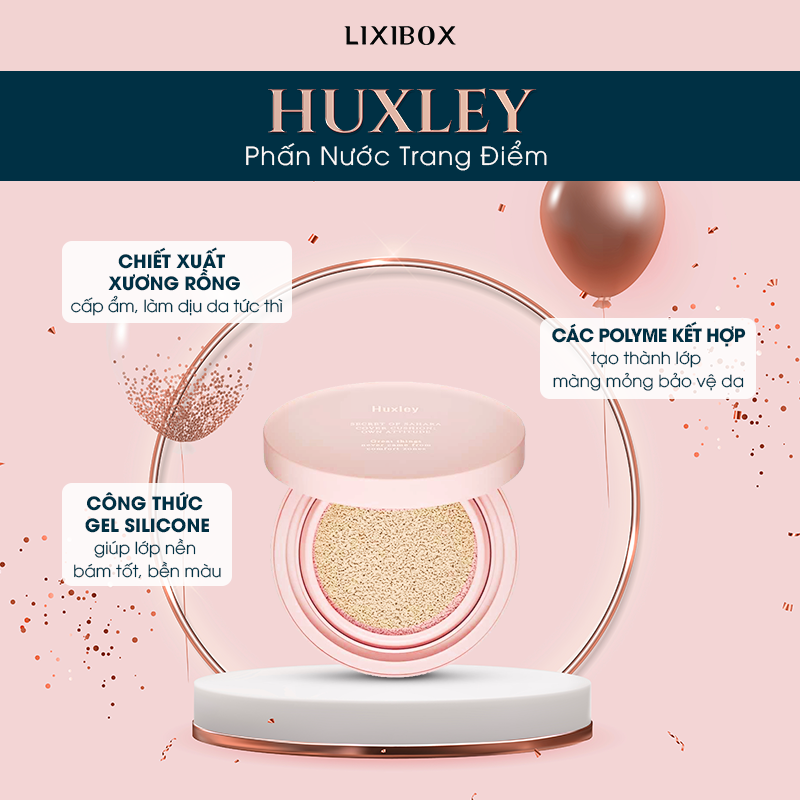 HUXLEY Phấn Nước Trang Điểm với chiết xuất xương rồng cấp ẩm và làm dịu da. Công thức gel silicone giữ lớp nền bám tốt, kết hợp các polyme tạo thành lớp màng mỏng bảo vệ da. Khám phá sản phẩm trang điểm yêu thích tại Lixibox Holy Grail Awards.
