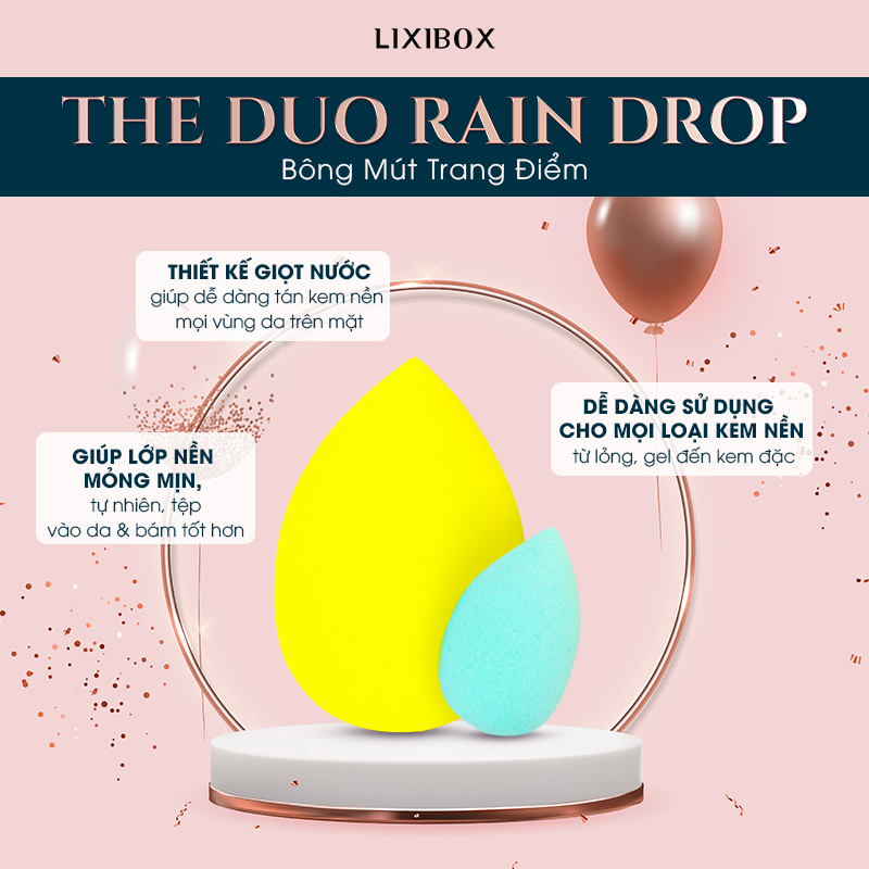 Lixibox Holy Grail Awards 2021 giới thiệu sản phẩm "Bông Mút Trang Điểm Duo Raindrop" với thiết kế giọt nước giúp tán kem nền dễ dàng và tạo lớp nền mỏng mịn. Sản phẩm phù hợp cho mọi loại kem nền và được đánh giá cao trong giới trang điểm, là một trong những sản phẩm trang điểm yêu thích nhất.
