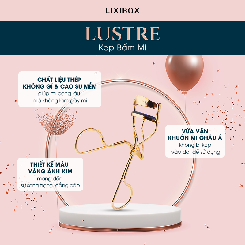 Lustre Kẹp Bấm Mi từ Lixibox với chất liệu thép không gỉ và cao su mềm, giúp bấm mi cong lâu mà không gãy mi. Thiết kế màu vàng ánh kim mang đến sự sang trọng. Bình chọn sản phẩm trang điểm yêu thích tại Lixibox Holy Grail Awards 2021.