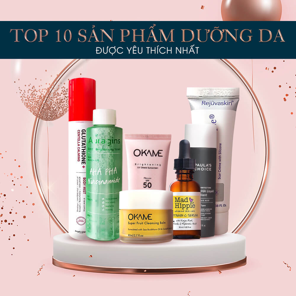Top 10 sản phẩm dưỡng da được yêu thích nhất tại Lixibox Holy Grail Awards 2021 với các thương hiệu nổi bật như Halio, Okame, Radha, Mad Hippie và nhiều sản phẩm dưỡng ẩm, làm sáng da được ưa chuộng.
