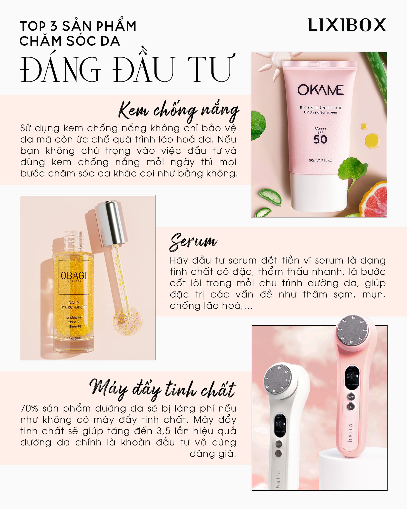 Bài viết "Dưỡng da thông minh, bạn đã biết mỹ phẩm nào đáng để đầu tư nhất hay chưa?" giới thiệu sản phẩm skincare như kem chống nắng, serum và máy đẩy tinh chất dưỡng trắng. Tìm hiểu những sản phẩm đáng đầu tư để chăm sóc da hiệu quả.