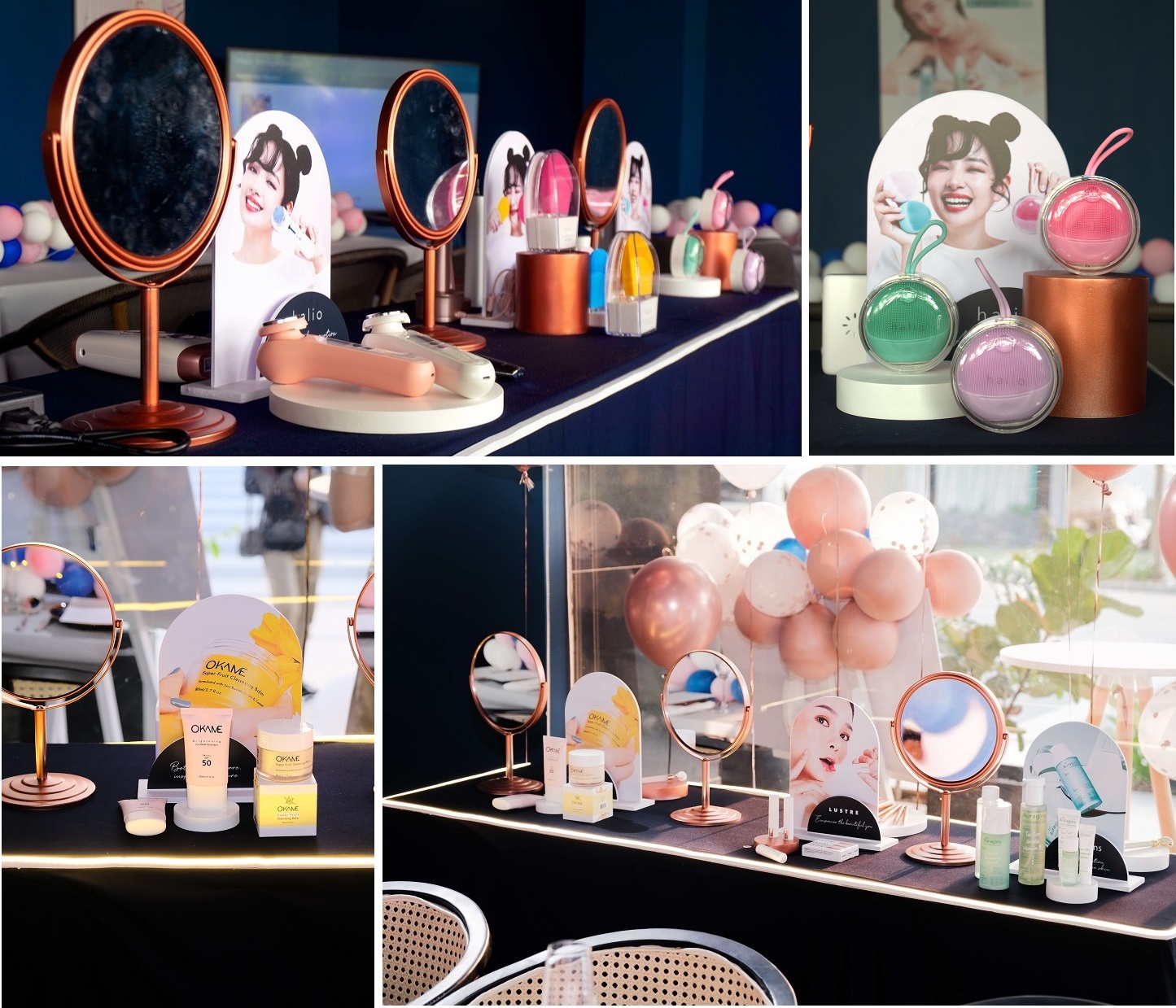 Bàn trưng bày sản phẩm tại lễ trao giải Lixibox Holy Grail Awards 2021, giới thiệu những sản phẩm làm đẹp được yêu thích nhất. Khách mời tham gia chia sẻ về sản phẩm chăm sóc da, trang điểm nổi bật trong năm qua tại buổi tiệc sang trọng.