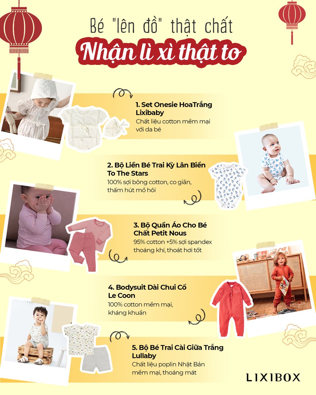 5 set đồ cho bé yêu đang được ưu đãi tại Lixibox, bao gồm áo quần thoải mái, thời trang cho Tết, giúp mẹ lựa chọn dễ dàng với các thương hiệu nổi bật như Lixibaby, To The Stars, Petit Nous, Le Coon, Lullaby.