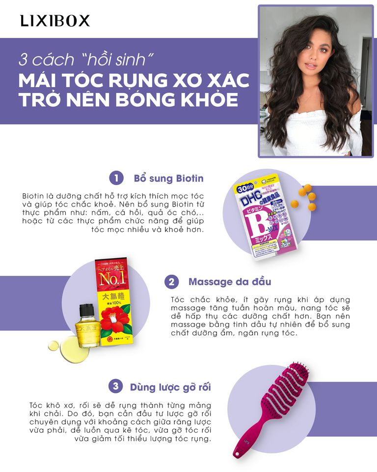 3 cách "hồi sinh" mái tóc rụng xơ xác trở nên bóng khỏe từ LIXIBOX. Bài viết cung cấp mẹo chăm sóc tóc đúng cách, bổ sung Biotin, massage da đầu, và sử dụng lược gở rối để cải thiện tình trạng tóc rụng và khô xơ hiệu quả.