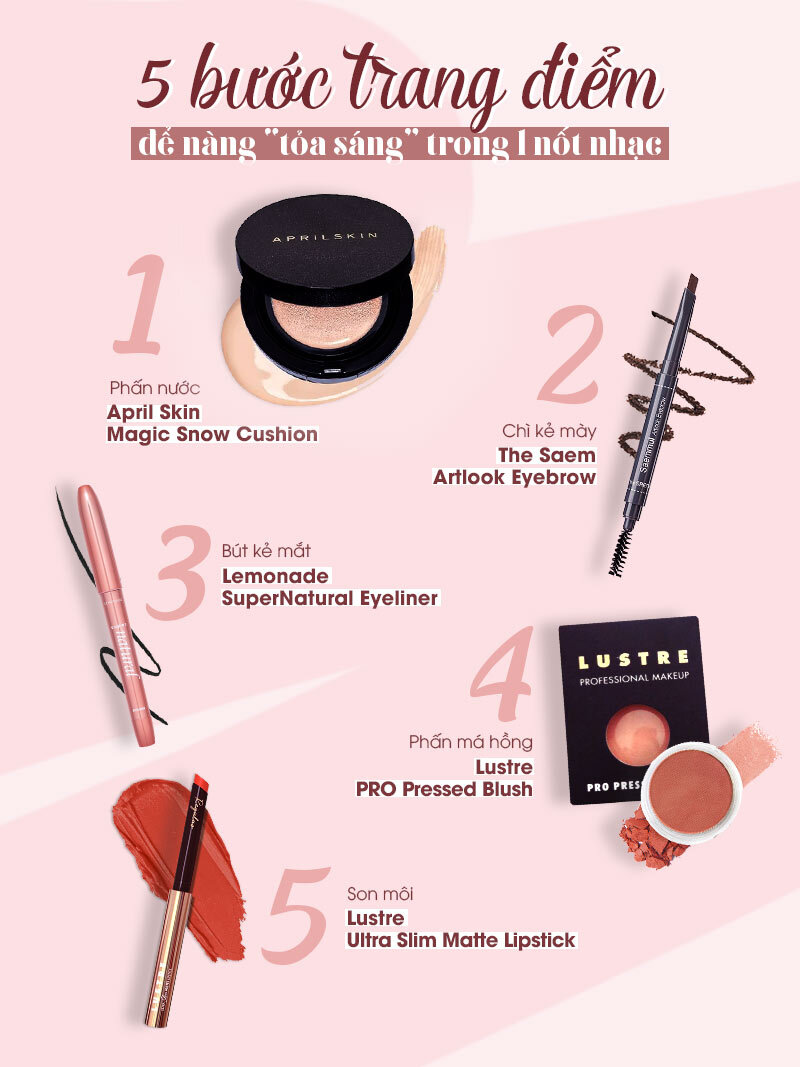 Bài viết hướng dẫn cách trang điểm hoàn hảo cho ngày Valentine với 5 bước gồm: Phấn nước April Skin, Chì kẻ mày The Saem, Bút kẻ mắt Lemonade, Phấn má hồng Lustre, và Son môi Lustre. Các lưu ý khi trang điểm cho ngày lễ Tình nhân thật rạng ngời.