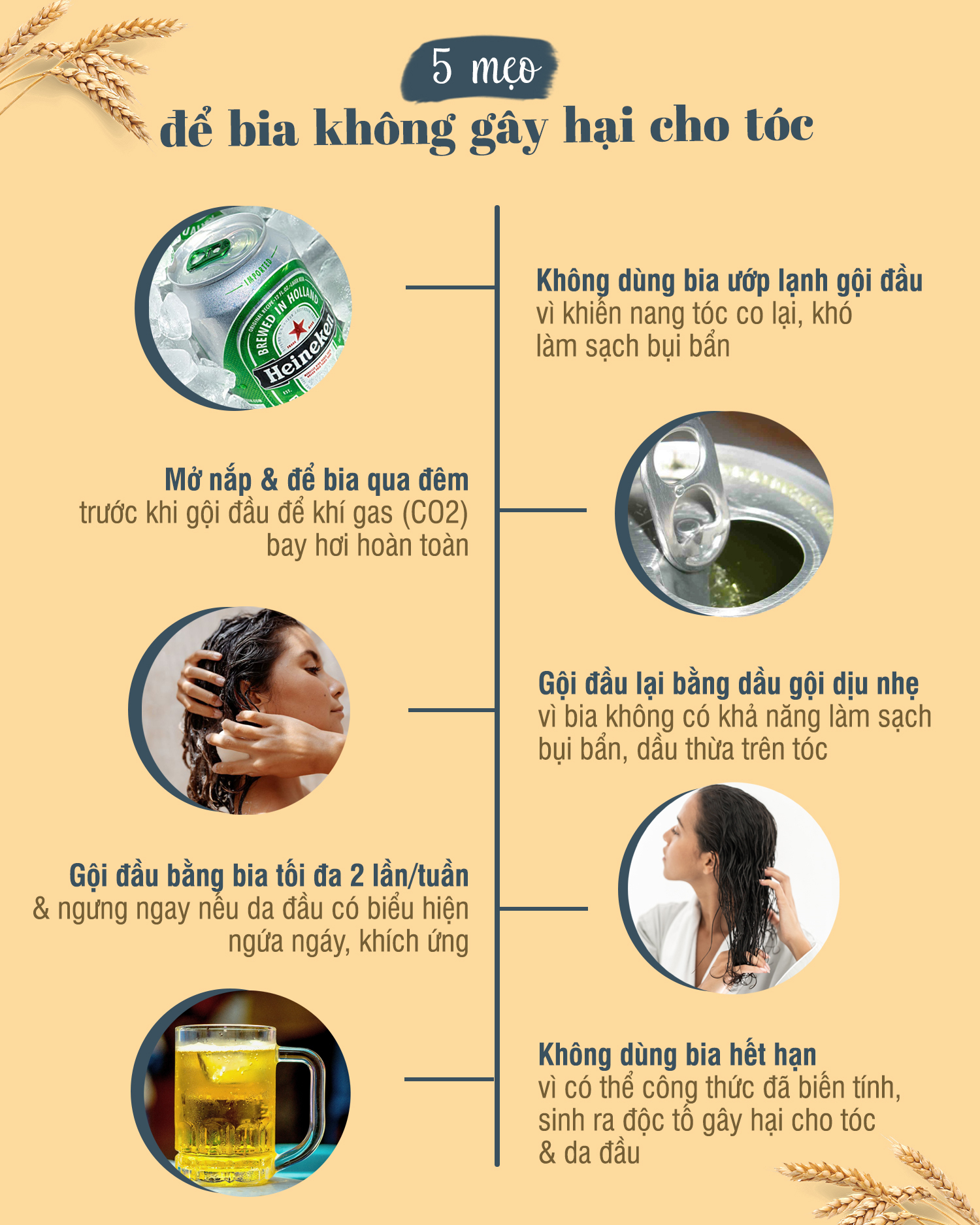 5 mẹo giúp gội đầu bằng bia không gây hại cho tóc, bao gồm không dùng bia ướp lạnh, mở nắp bia qua đêm, gội đầu 2 lần/tuần và tránh sử dụng bia hết hạn. Tìm hiểu xem có nên gội đầu bằng bia hay không và bí quyết làm đẹp qua bài viết này!