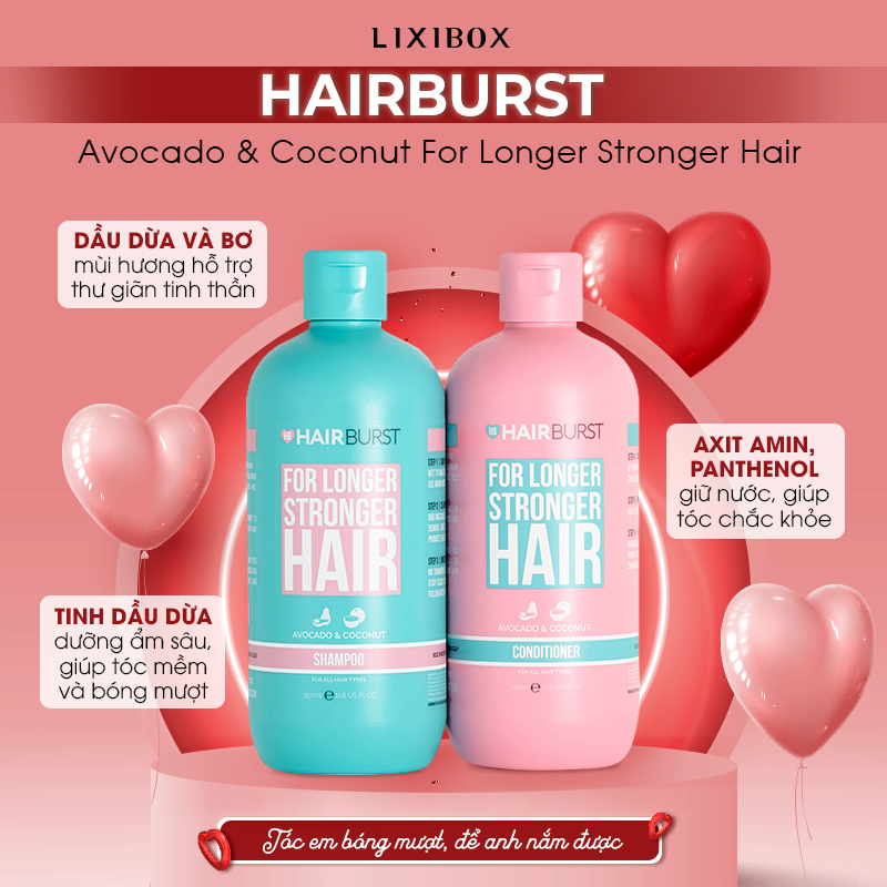 Sản phẩm Hairburst với dầu dừa và bơ, sản phẩm gồm dầu gội và dầu xả giúp tóc dài và chắc khỏe. Gợi ý quà tặng Valentine từ Lixibox với lợi ích Gift with Purchase cho các chàng trai thể hiện tình cảm.