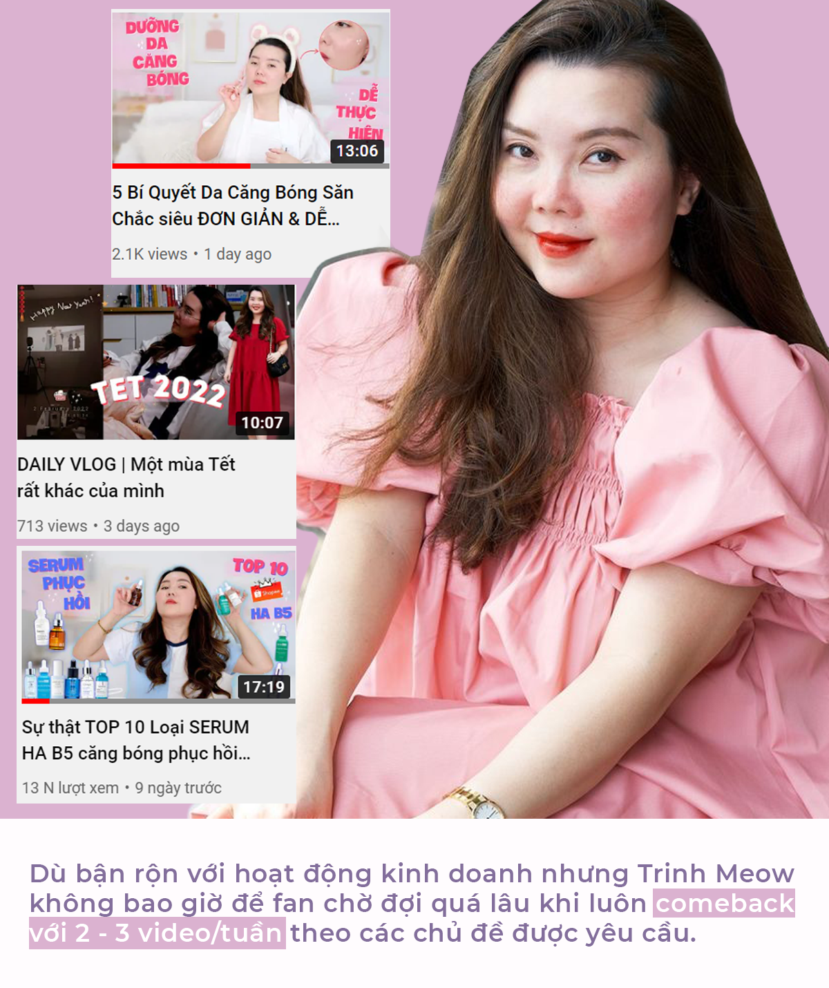 Trinh Meow, youtuber làm đẹp, chia sẻ bí quyết dưỡng da và cách chọn mỹ phẩm hiệu quả cho người mới bắt đầu và những ai muốn nâng cấp bản thân. Kênh YouTube của cô có các video review mỹ phẩm, hướng dẫn chăm sóc da, và thời trang.
