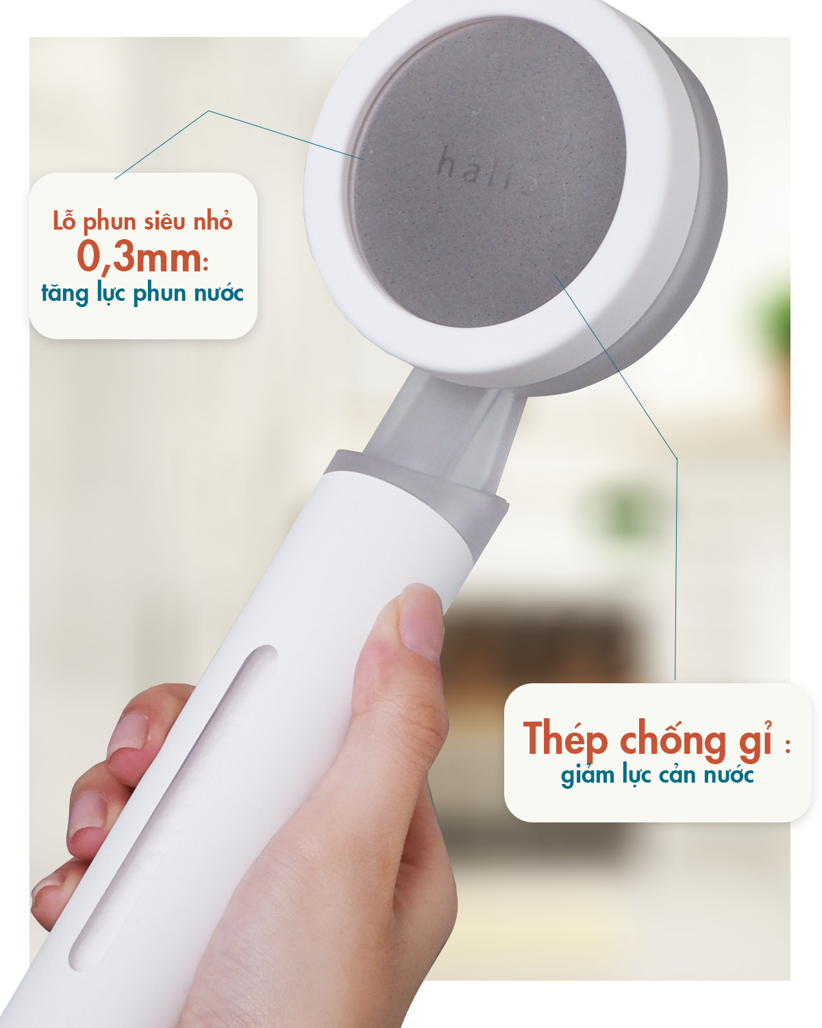 Vòi sen Halio Beautifying Shower Head với lỗ phun siêu nhỏ 0,3mm giúp tăng lực phun nước và giảm lực cản nước. Thiết kế hiện đại, tiết kiệm nước đến 40% và khử clo, là lựa chọn hoàn hảo cho mọi gia đình.