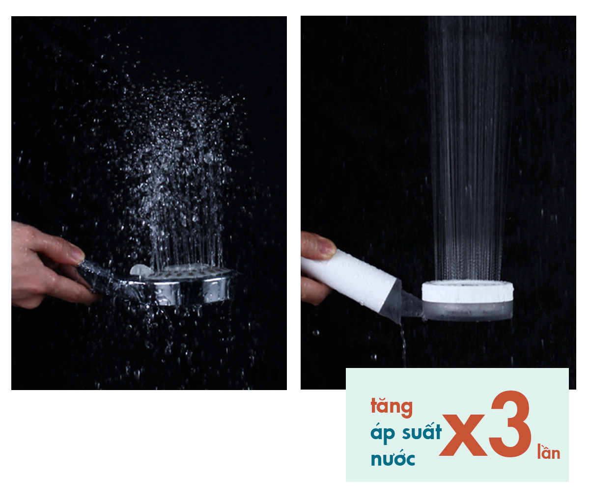 Vòi sen Halio Beautifying Shower Head giúp lọc sạch Clo và tiết kiệm đến 40% lượng nước. Hình ảnh thể hiện vòi sen tăng áp suất nước với hai kiểu phun khác nhau, tăng áp suất nước gấp ba lần giúp trải nghiệm tắm trở nên tuyệt vời hơn.