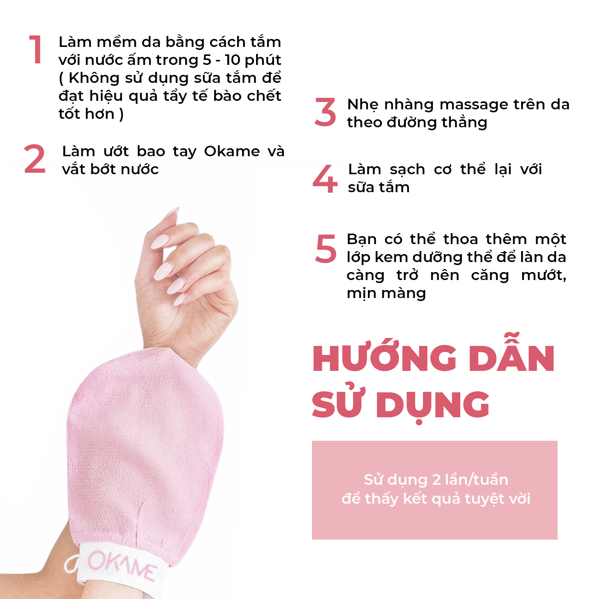 Hướng dẫn sử dụng bao tay tẩy tế bào chết Okame với các bước làm mềm da, ướt bao tay và massage nhẹ nhàng, giúp sạch và dưỡng da hiệu quả, thân thiện với môi trường.