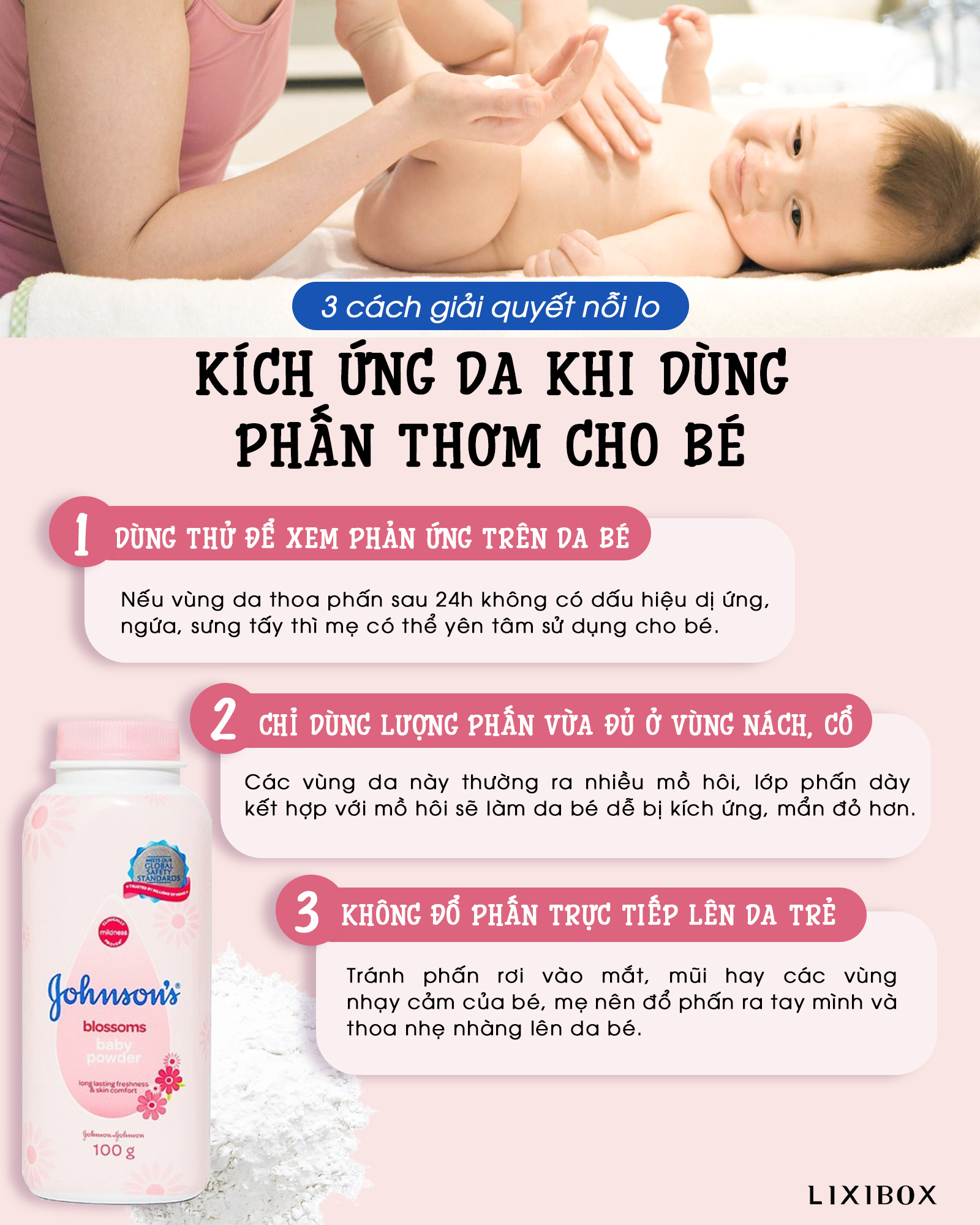 Bài viết hướng dẫn mẹ cách tránh kích ứng da khi dùng phấn thơm cho bé, với ba mẹo đơn giản để đảm bảo an toàn cho làn da nhạy cảm của trẻ. Nội dung nhấn mạnh tầm quan trọng của việc thử nghiệm phấn, sử dụng đúng lượng và cách áp dụng phấn cho trẻ.