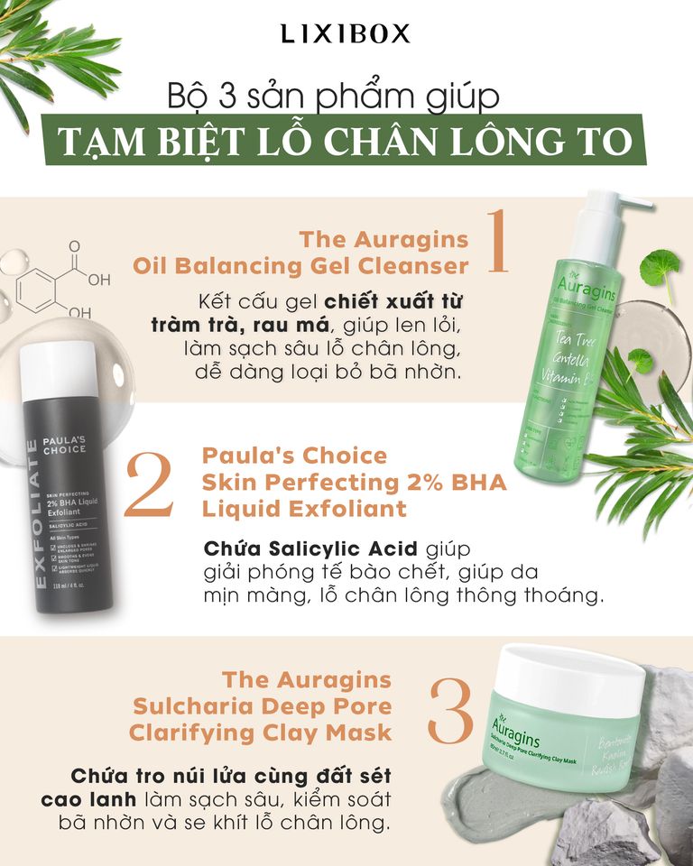 Bộ 3 sản phẩm giúp tạm biệt lỗ chân lông to bao gồm The Auragins Oil Balancing Gel Cleanser, Paula's Choice Skin Perfecting 2% BHA Liquid Exfoliant và The Auragins Sulcharia Deep Pore Clarifying Clay Mask. Những sản phẩm này giúp làm sạch sâu và se khít lỗ chân lông, phù hợp cho những ai đang tìm cách trị mụn đầu đen và mặt nạ đất sét giúp trị mụn đầu đen.