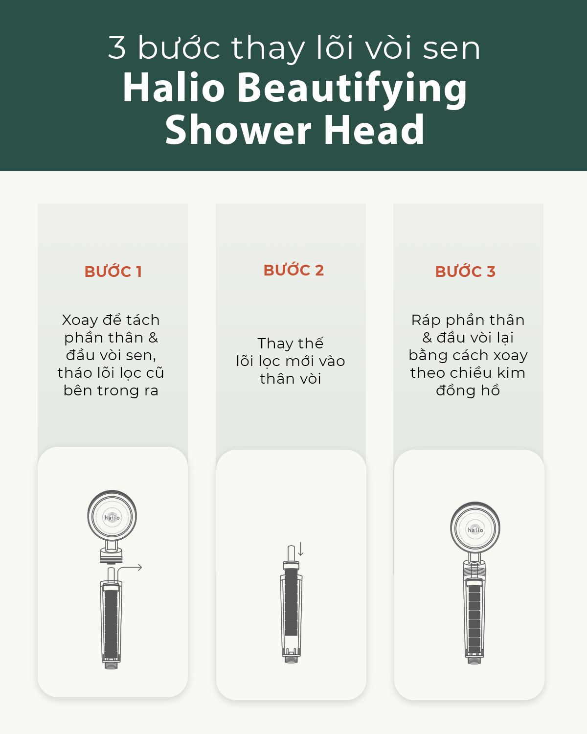 Hướng dẫn thay lõi vòi sen Halio Beautifying Shower Head với 3 bước đơn giản: tách rời, thay thế lõi lọc mới, và lắp lại, giúp vòi sen halio khử clo và tiết kiệm nước hiệu quả.