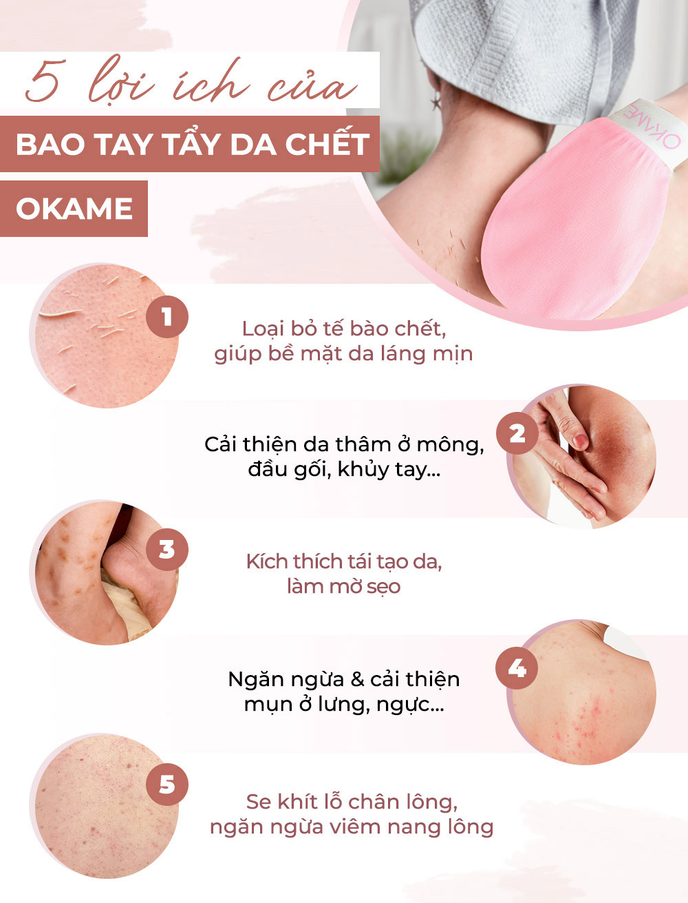 Khám phá 5 lợi ích của bao tay tẩy da chết Okame, sản phẩm mới giúp làm sạch da mà không gây khô, bào mòn, thân thiện với môi trường, nâng cao trải nghiệm tẩy tế bào chết toàn thân.