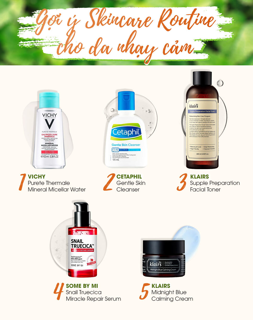 Gợi ý skincare routine cho da nhạy cảm với các sản phẩm như nước tẩy trang Vichy, sữa rửa mặt Cetaphil, toner Klairs và tinh chất Some By Mi Snail Truecica Miracle Repair. Chất lượng tốt, giá cả hợp lý, tuyệt vời cho làn da nhạy cảm.