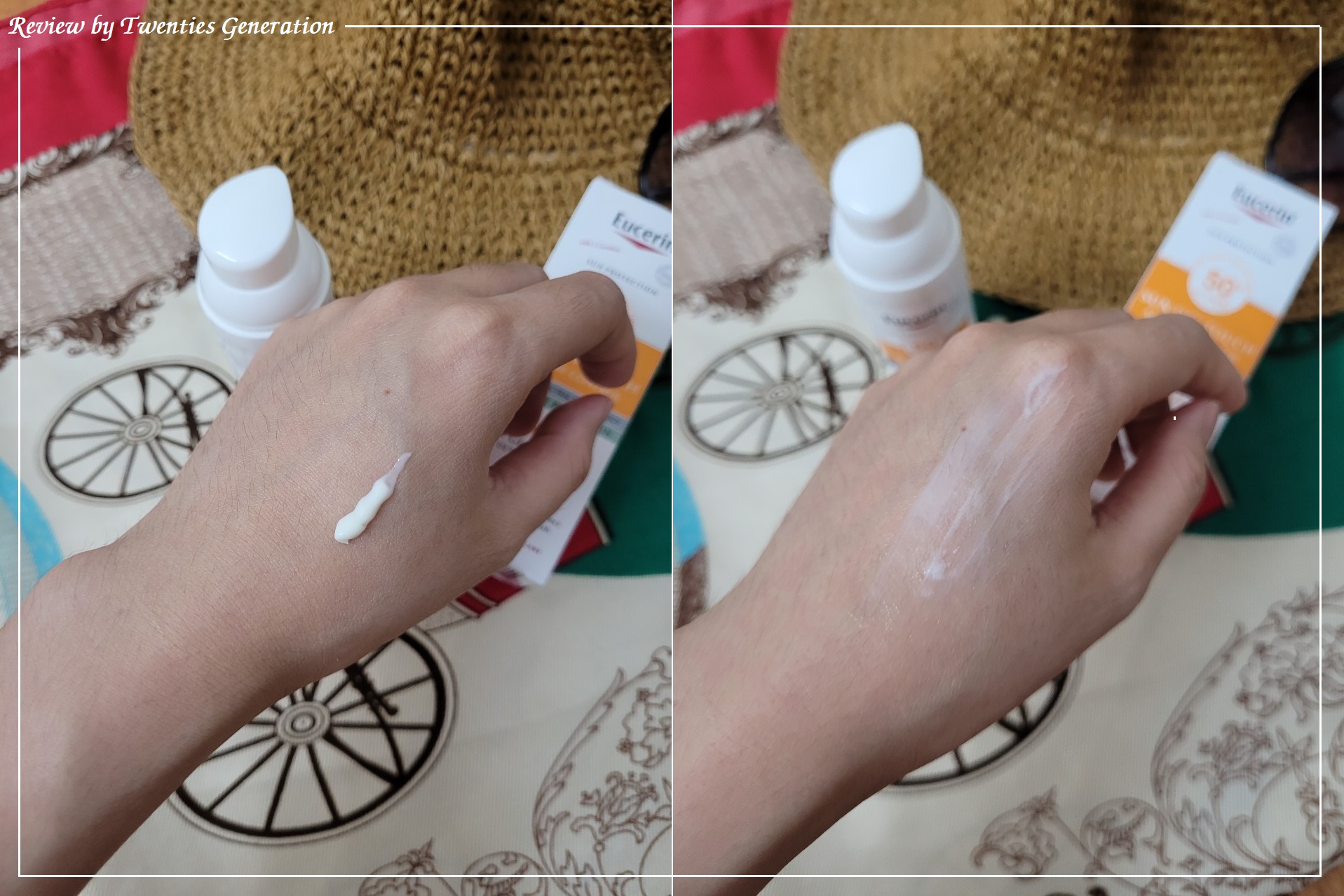 Cô nàng "travel girl" chia sẻ trải nghiệm sử dụng kem chống nắng Eucerin Sun Dry Touch Acne Oil Control. Hình ảnh cho thấy kem chống nắng trên tay và chai sản phẩm, nhấn mạnh sự phù hợp cho da dầu và nhạy cảm, bảo vệ làn da đi biển.
