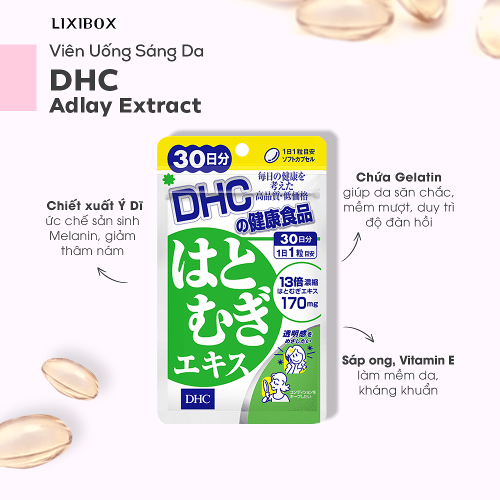 Viên uống sáng da DHC Adlay Extract 30 ngày, chiết xuất ý dĩ, hỗ trợ cải thiện làm đẹp da, đáng giá theo review từ beauty blogger. GWP Lixibox cung cấp những sản phẩm thực phẩm chức năng chất lượng, giúp tăng cường sức khỏe làn da.