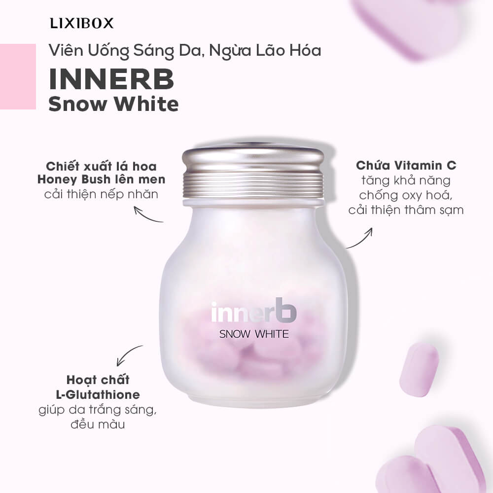 Viên uống INNERB Snow White từ Lixibox giúp cải thiện sắc đẹp từ bên trong với chiết xuất hoa Honey Bush, chứa Vitamin C và L-Glutathione. Tìm hiểu về thực phẩm chức năng như viên uống DHC và những sản phẩm nổi bật trong GWP Lixibox 9.9.