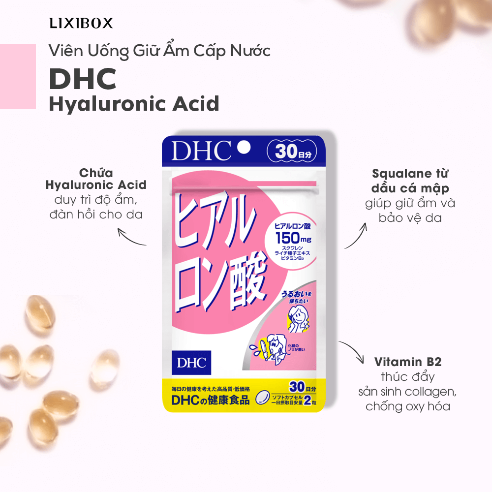 Viên uống DHC Hyaluronic Acid giúp cấp ẩm, chứa Hyaluronic Acid duy trì độ ẩm cho da. Squalane từ dầu cá mập bảo vệ da, Vitamin B2 thúc đẩy sản sinh collagen, hỗ trợ làn da khỏe đẹp từ bên trong, một phần của ưu đãi GWP tại Lixibox.