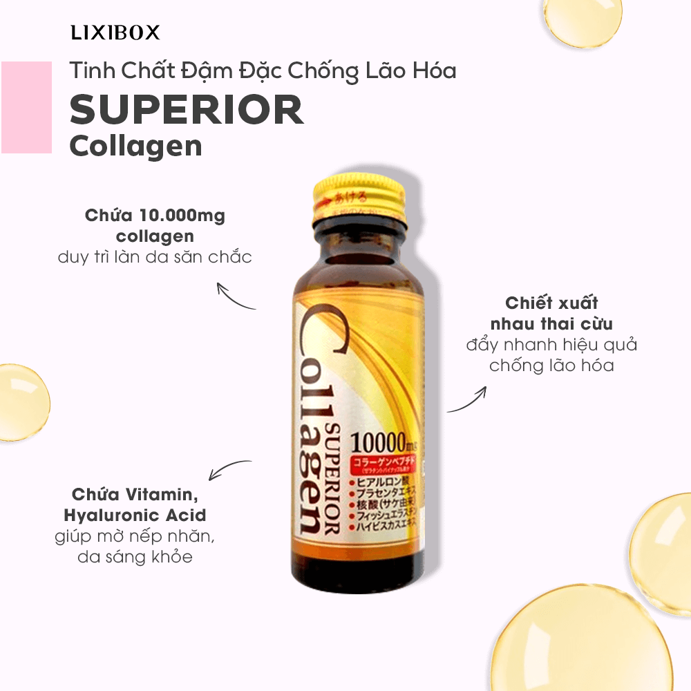 Tinh Chất Đạm Đặc Chống Lão Hóa Superior Collagen với 10.000mg collagen giúp duy trì làn da săn chắc và khỏe mạnh. Chứa Vitamin, Hyaluronic Acid giúp mở nếp nhăn, là sản phẩm nổi bật trong top thực phẩm chức năng hỗ trợ làm đẹp từ bên trong, được nhiều beauty blogger đánh giá cao trong chương trình GWP Lixibox.