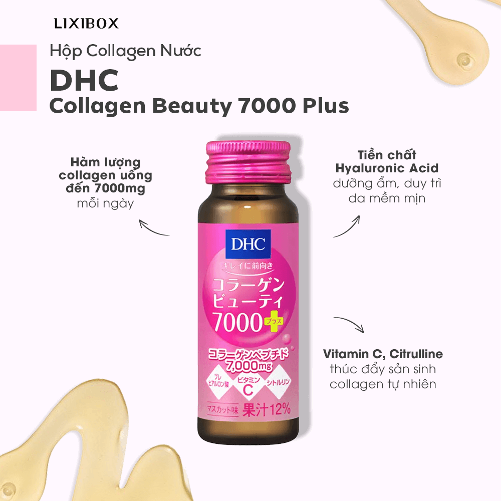 Hộp Collagen Nước DHC Collagen Beauty 7000 Plus, cung cấp đến 7000mg collagen mỗi ngày, bổ sung Hyaluronic Acid và Vitamin C, Citrulline, hỗ trợ làm đẹp da và sức khỏe, liên quan đến thực phẩm chức năng trong bài viết GWP Lixibox.