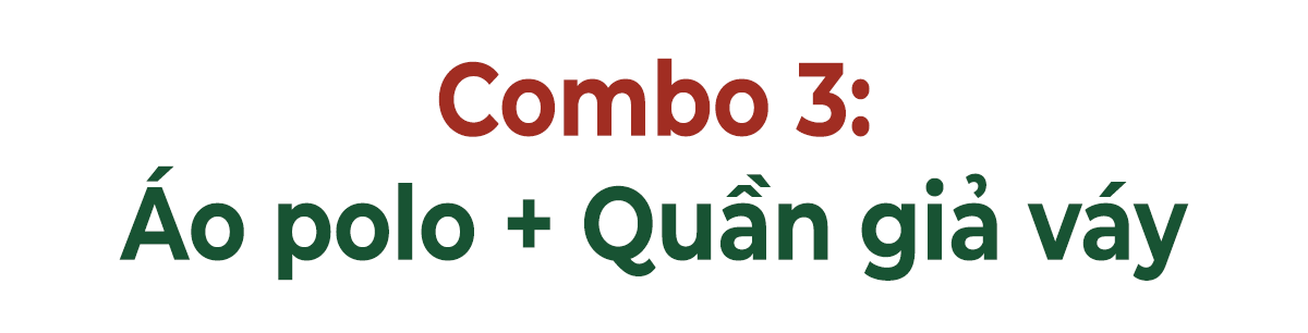 Combo 3: Áo polo + Quần giả váy. Khám phá hot trend mix&match cho các buổi chơi golf, giúp bạn nổi bật và phong cách ngay cả trên sân cỏ.