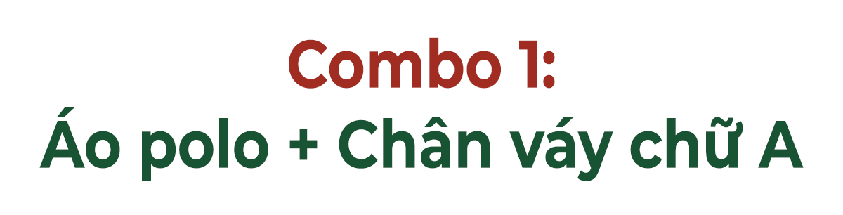 Combo 1: Áo polo + Chân váy chữ A. Khám phá hot trend mix&match dành cho phái đẹp khi chơi golf, thể hiện phong cách thời trang đầy sáng tạo và tự tin.