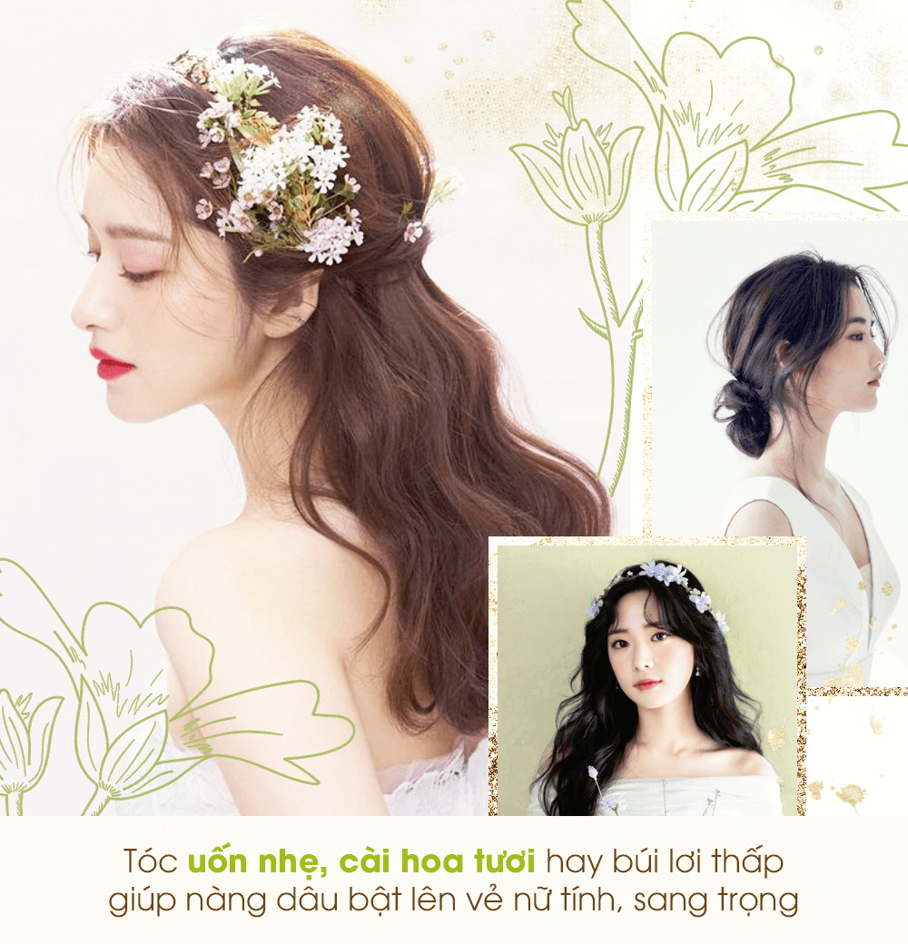 Tóc uốn nhẹ, cài hoa tươi giúp nàng dâu nổi bật với vẻ đẹp nữ tính, sang trọng trong ngày đám cưới Hyun Bin và Son Ye Jin. Xu hướng trang điểm đơn giản kết hợp váy cưới lộng lẫy.