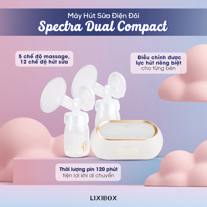 Máy hút sữa điện đôi Spectra Dual Compact với 5 chế độ massage và 12 chế độ hút sữa, điều chỉnh được lực hút riêng biệt cho từng bên, thời lượng pin 120 phút, tiện lợi khi di chuyển. Lựa chọn lý tưởng cho mẹ bỉm hiện đại.