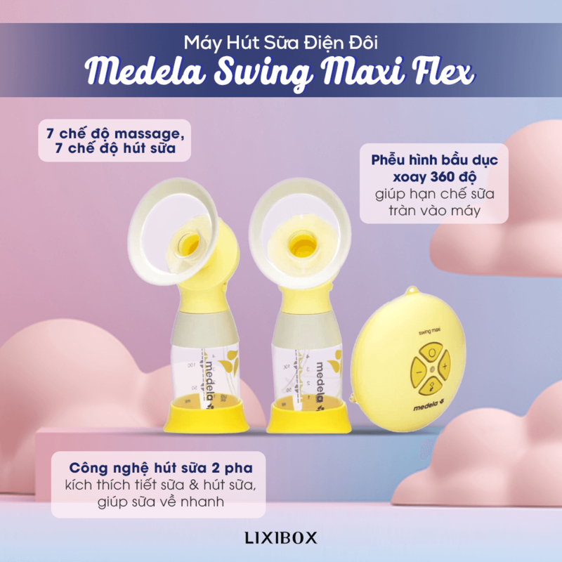 Máy hút sữa điện đôi Medela Swing Maxi Flex với 7 chế độ massage, 7 chế độ hút sữa, công nghệ hút sữa 2 pha kích thích tiết sữa và an toàn cho mẹ bỉm hiện đại. Sản phẩm lý tưởng cho các mẹ muốn lựa chọn máy hút sữa loại nào tốt.