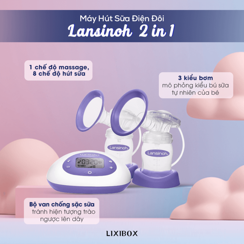 Máy hút sữa điện đôi Lansinoh 2 in 1 với chế độ massage, 8 chế độ hút sữa, 3 kiểu bơm mô phỏng bú sữa tự nhiên cho mẹ bỉm hiện đại. Sản phẩm giúp giảm căng tức ngực và cải thiện tình trạng tắc tia sữa.