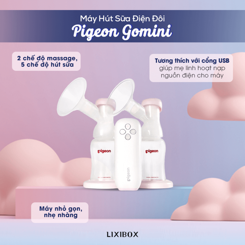 Máy Hút Sữa Điện Đôi Pigeon Gomini sở hữu 2 chế độ massage và 5 chế độ hút sữa, tương thích với cổng USB, giúp mẹ bỉm hiện đại dễ dàng nạp năng lượng cho máy. Sản phẩm nhẹ nhàng, nhỏ gọn, lý tưởng cho mẹ khi đi du lịch.