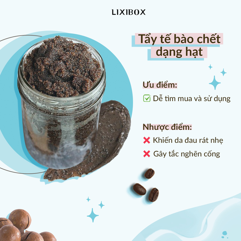 Bài viết "Đào sâu" 4 cách tẩy da chết hot nhất hiện nay giới thiệu tẩy tế bào chết dạng hạt, với ưu điểm dễ tìm mua và sử dụng, nhược điểm gây đau rát nhẹ. Tìm hiểu tẩy tế bào chết toàn thân hiệu quả cho làn da mịn màng.