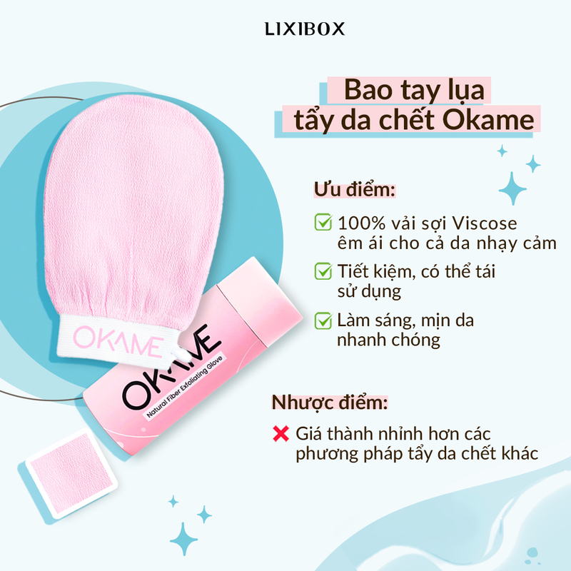Bao tay tẩy da chết Okame với ưu điểm 100% vải sợi Viscose mềm mại, giúp làm sạch cơ thể hiệu quả. Lợi ích như tiết kiệm, bảo vệ da nhạy cảm nhanh chóng. Tuy nhiên, giá thành cao hơn các phương pháp tẩy da chết khác.