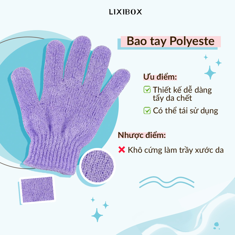 Bao tay Polyester dùng để tẩy da chết, với ưu điểm dễ dàng sử dụng và tái sử dụng. Cần lưu ý nhược điểm là khô cứng làm trầy xước da. Tìm hiểu thêm về các biện pháp tẩy tế bào chết toàn thân và hiệu quả của bao tay tẩy da chết Okame để có làn da khỏe mạnh.