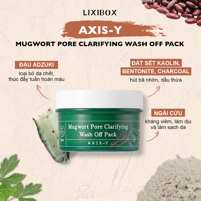 Mặt nạ đất sét AXIS-Y Mugwort Pore Clarifying Wash Off Pack với thành phần chiết xuất từ ngải cứu, đậu adzuki, đất sét kaolin và bentonite, giúp kiểm soát dầu nhờn, làm sạch lỗ chân lông, lý tưởng cho làn da mùa hè.