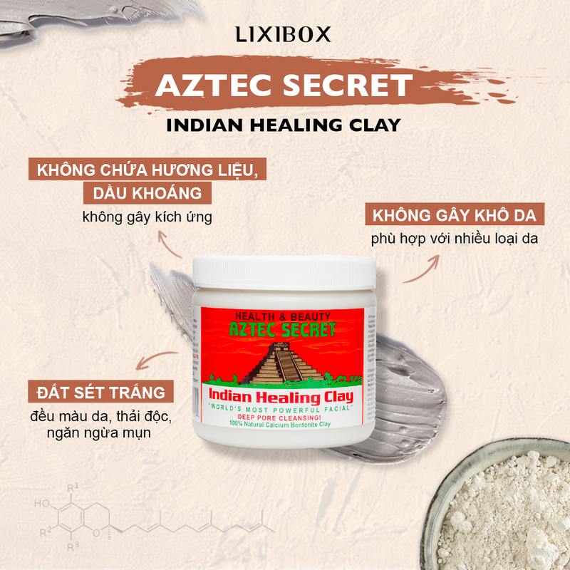 Mặt nạ đất sét Aztec Secret Indian Healing Clay với công thức không chứa hương liệu, dầu khoáng, không gây kích ứng và không làm khô da, giúp làm sạch sâu lỗ chân lông, ngăn ngừa mụn, phù hợp cho nhiều loại da.