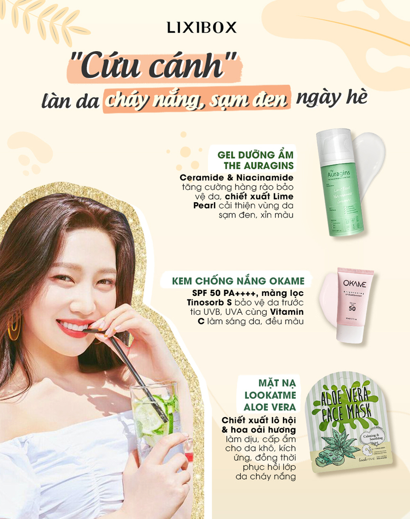 Bài viết giới thiệu 3 sản phẩm skincare giúp bảo vệ và làm dịu da mùa hè: kem chống nắng Okame, gel dưỡng ẩm The Auragins, mặt nạ lô hội. Những sản phẩm này hỗ trợ ngăn ngừa cháy nắng và cải thiện làn da sạm màu.